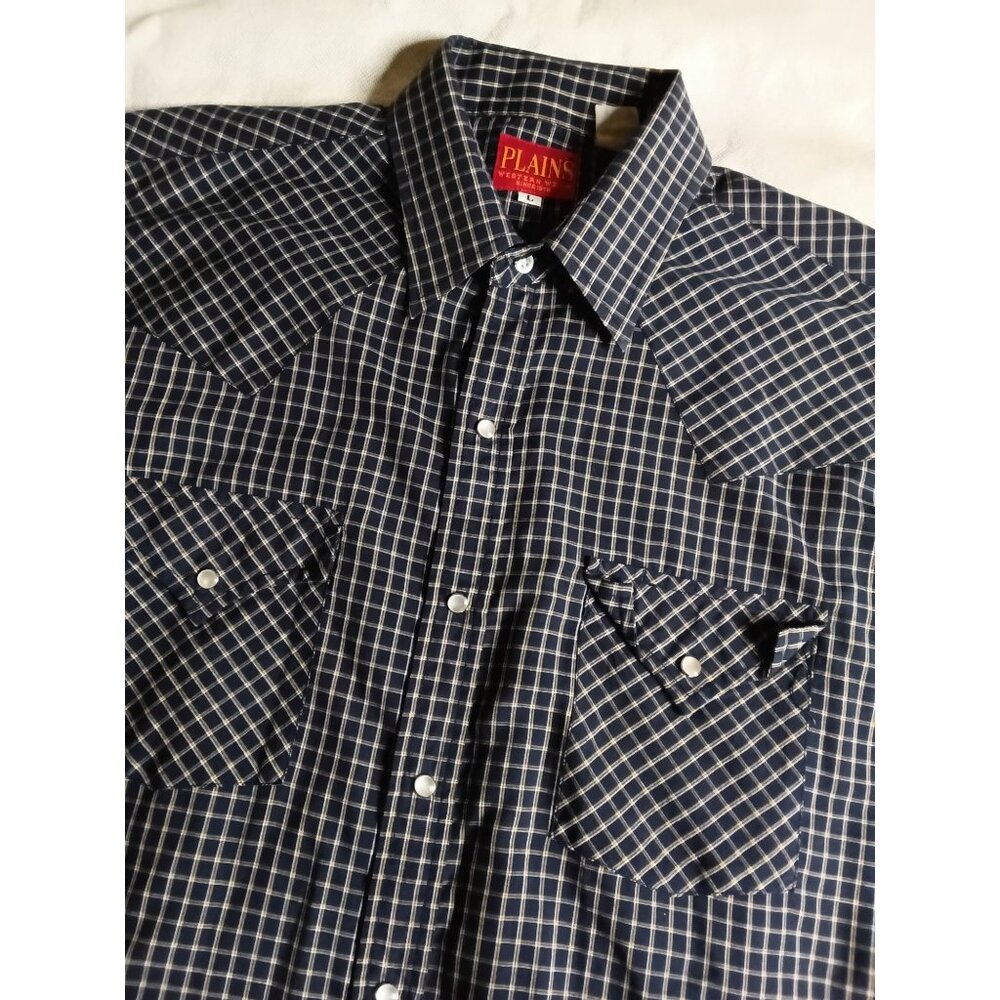 Plains Pearl Snap Western Shirt Mens L Check Cowboy Rodeo Short Sleeves